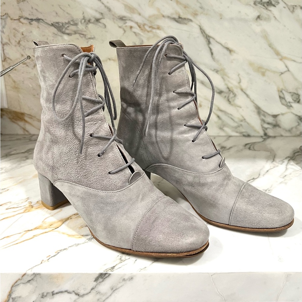 BY FAR Dusty Blue Lace Up Boots with Block Heel size 37